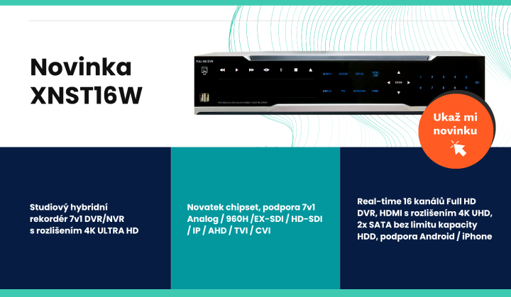 Studiové hybridní 7v1 DVR/NVR s rozlišením 4K ULTRA HD, Novatek chipset, podpora 7v1 Analog/960H/EX-SDI/HD-SDI/IP/AHD/TVI/CVI. Real-time 16 kanálů Full HD DVR, a až 16 IP kamer, HDMI s podporou rozlišení 4K UHD, 4 RCA audio vstupů, 2x SATA bez limitu kapacity HDD, podpora MT Android/iPhone