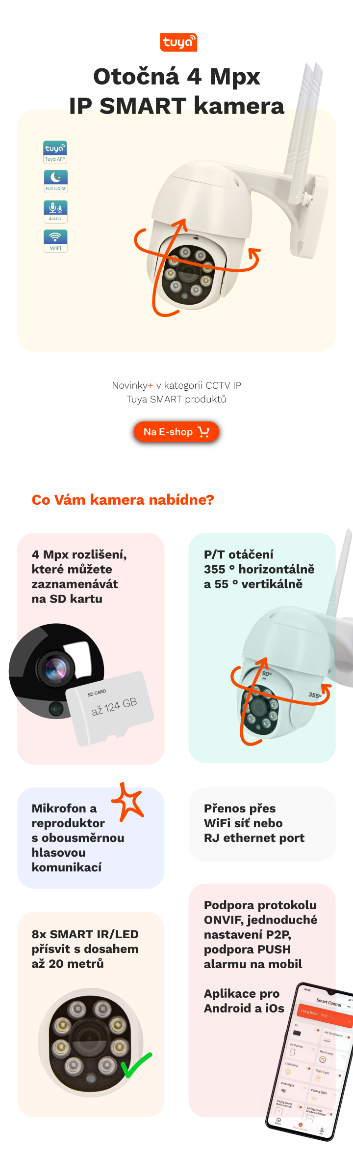 Novinky CCTV IP Tuya SMART kamera 4MPx otočná PUSH notifikace ovládání přes mobilni aplikace